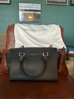 Michael Kors Black Saffiano Leather Satchel with Gold Hardware